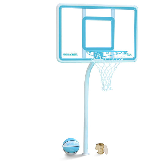 white and blue deck mounted pool basketball hoop with white and blue basketball