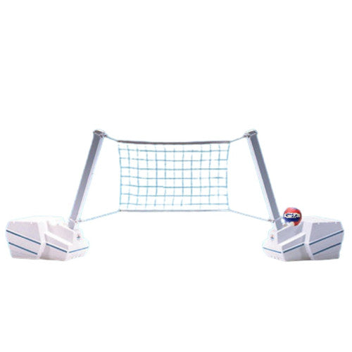 Floating pool volleyball net system with weighted bases and red, white, and blue volleyball