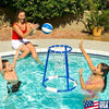 Family enjoying AquaHoop floating basketball hoop in pool, Made in USA