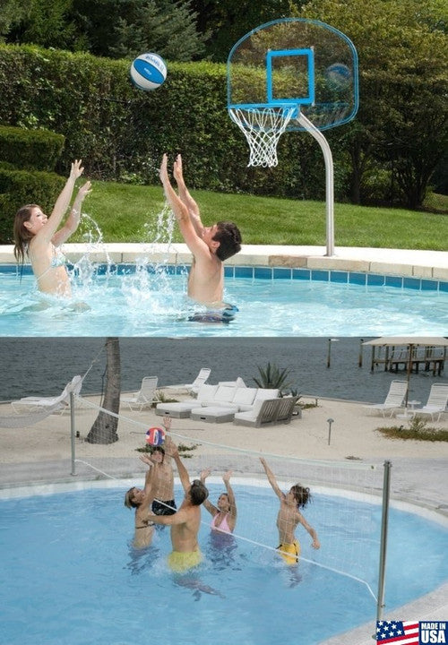 Combo image of kids playing with in-ground pool basketball hoop and volleyball net at different pool settings