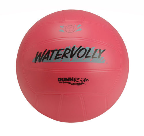 Studio image of pink Dunn-Rite Watervolley ball with logo and water splash graphic