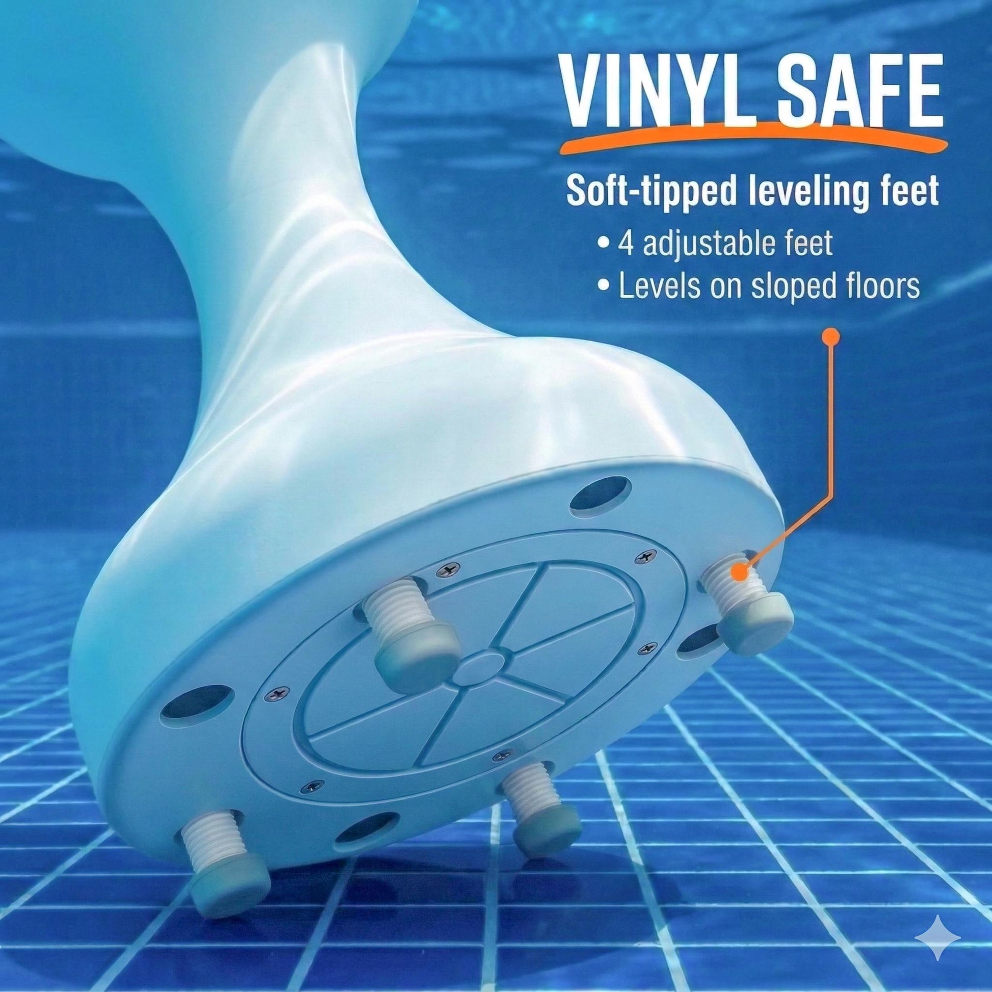 Underside of submersible pool stool showing 4 hand-adjustable leveling feet with vinyl-safe rubber tips