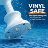 Underside of submersible pool stool showing 4 hand-adjustable leveling feet with vinyl-safe rubber tips
