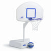 White and blue Splash & Shoot pool basketball hoop with 9-inch waterproof ball and weighted base