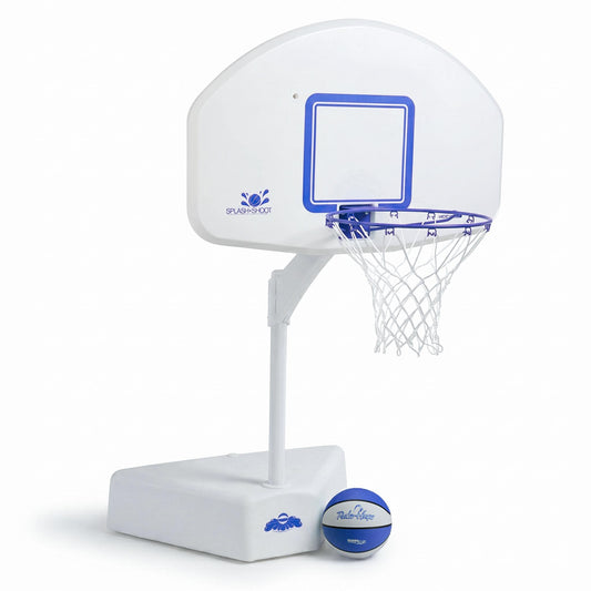 White and blue Splash & Shoot pool basketball hoop with 9-inch waterproof ball and weighted base