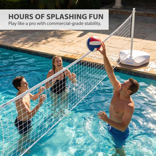Family playing pool volleyball in tropical backyard with net setup