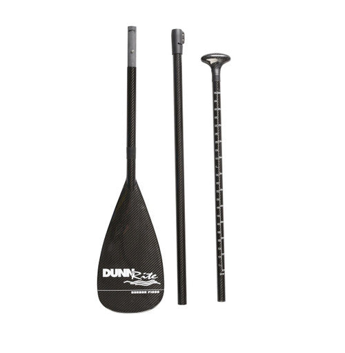Three-piece black SUP paddle with adjustable height and ergonomic grip by Dunn Rite