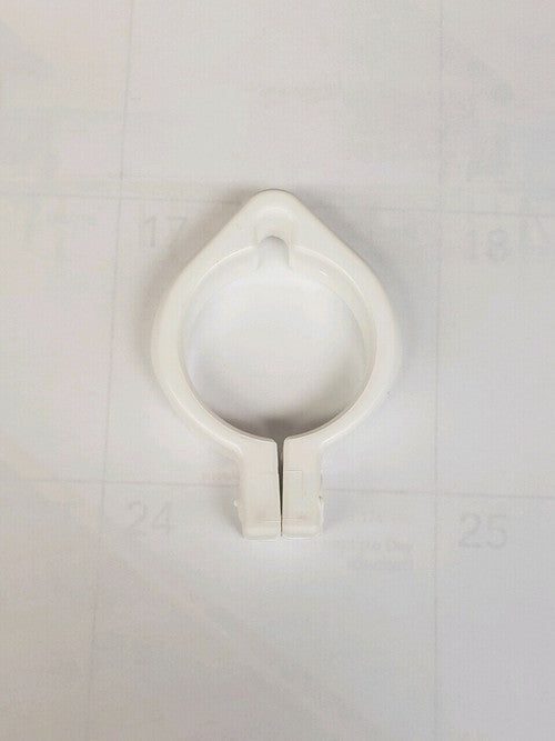 White plastic clamp ring with mounting hole, used for securing pool accessories or vertical tubing
