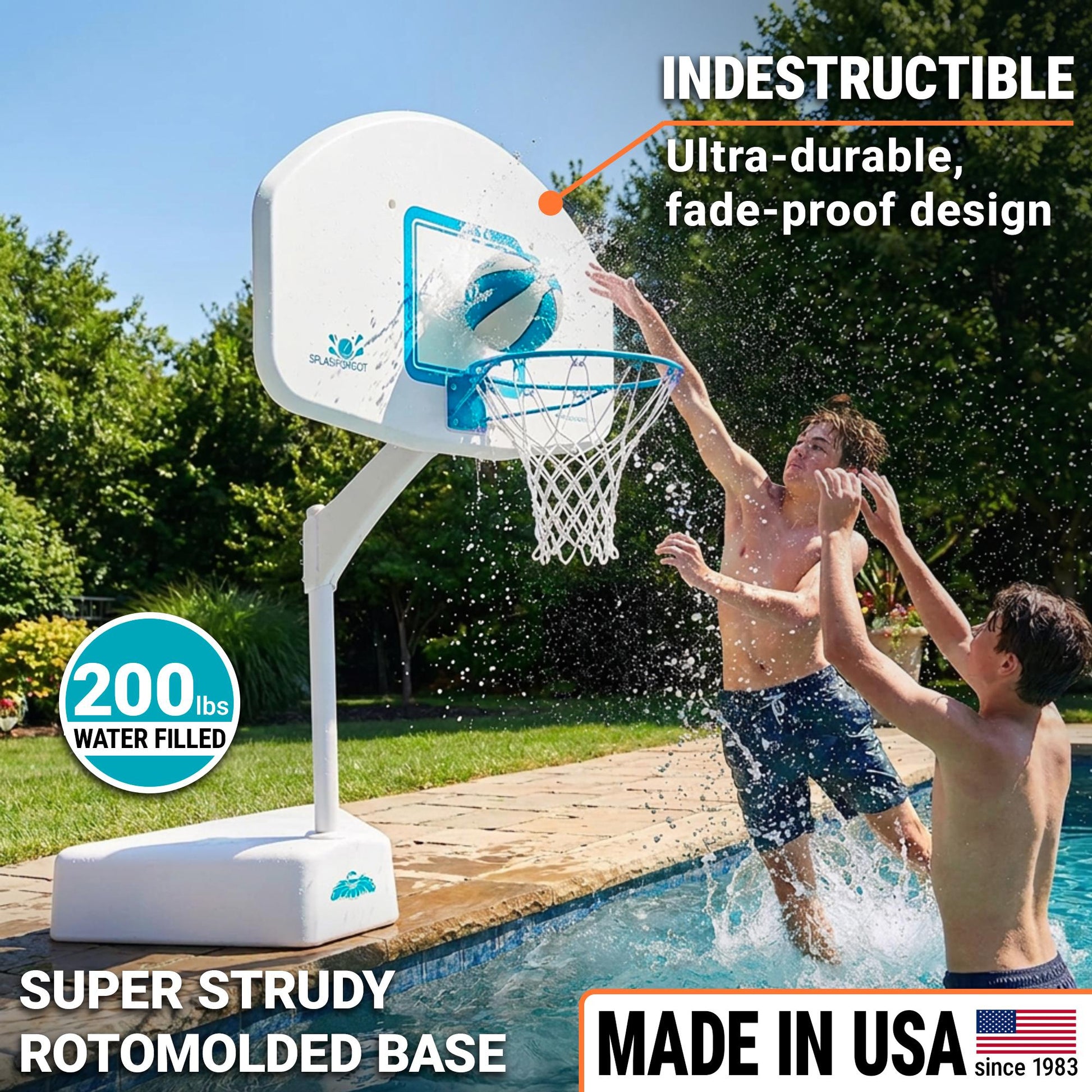 two children playing pool basketball in a backyard setting