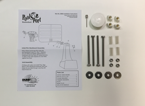 PoolSport basketball hoop hardware replacement kit with bolts, washers, caps, and instructions for pre-2017 models