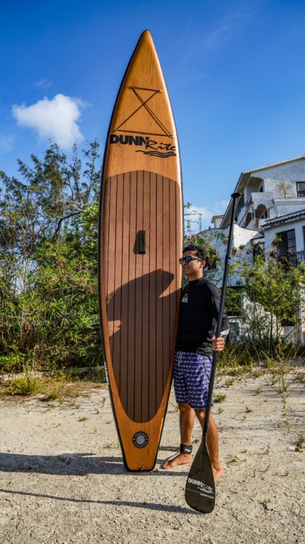 natural wood inflatable paddleboard - standing profile